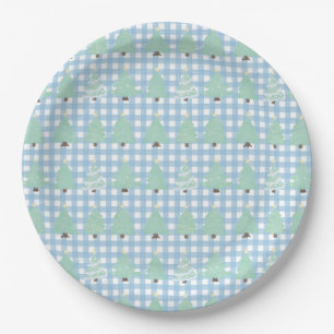 Prato De Papel Árvores de Natal Pastel com Xadrez Azul