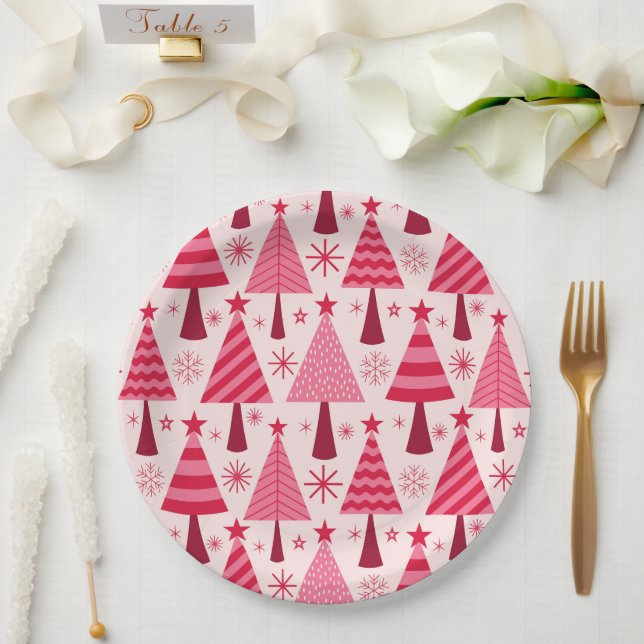 Prato De Papel Árvores de Natal Rosa e Vermelho Padrão Minimalist (Casamento)