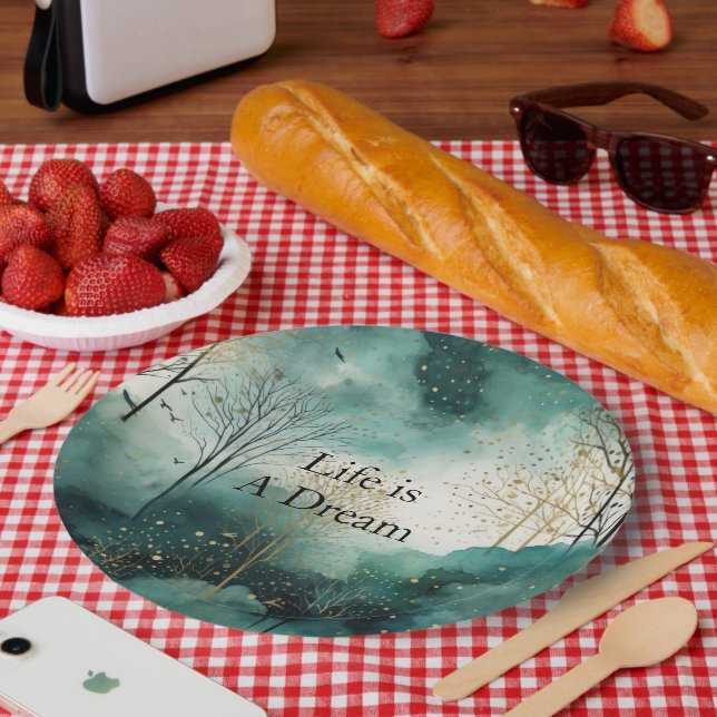 Prato De Papel Árvores Douradas Verdes (Piquenique)