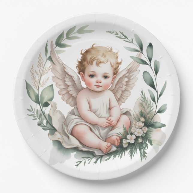 Prato De Papel Asas de Anjo em Aquarela Batismo (Frente)
