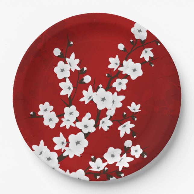 Prato De Papel Asia Floral White Chersom Red (Frente)