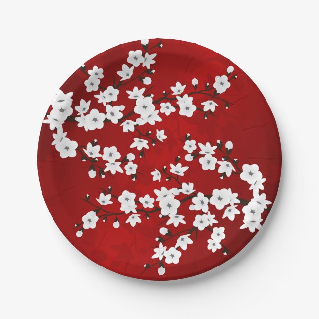 Prato De Papel Asia Floral White Chersom Red (Frente)
