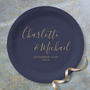 Prato De Papel Assinatura Elegante Script Casamento Azul Navy Dou