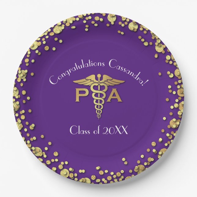 Prato De Papel Assistente Médico Graduado Roxo Dourado (Frente)