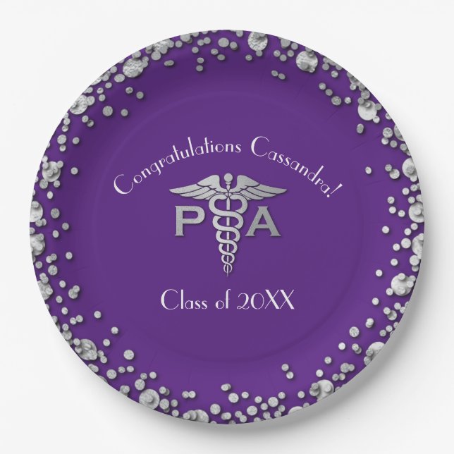 Prato De Papel Assistente Médico Graduado Roxo Prata (Frente)
