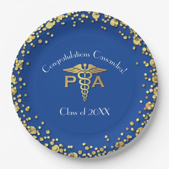 Prato De Papel Assistente Médico Gradução Azul Dourado (Frente)