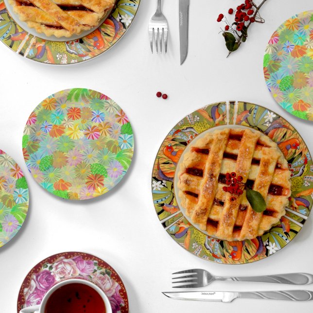 Prato De Papel Aster & Cone flores e folhas tropicais aquarela (Criador carregado)