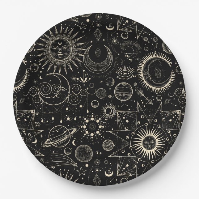 Prato De Papel Astrologia tarot mágica padrão celestial boho (Frente)