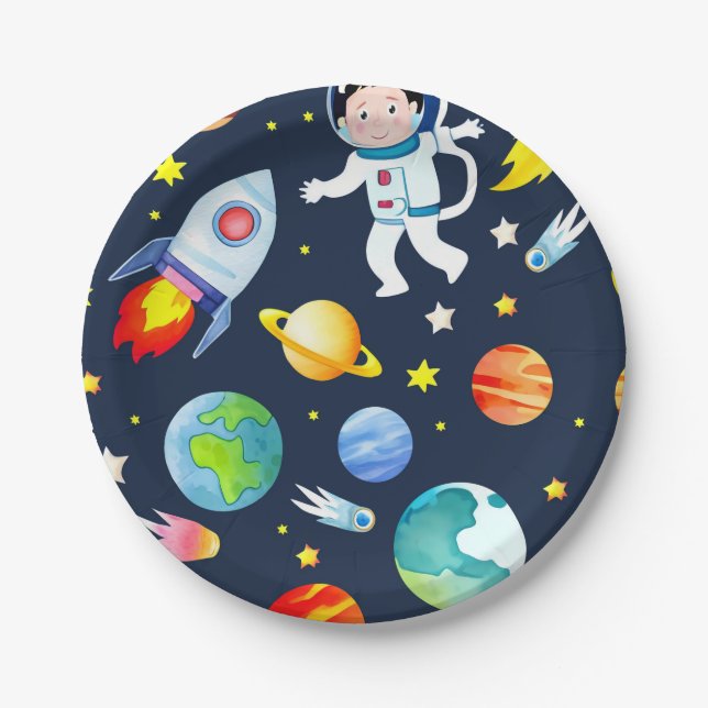 Prato De Papel Astronaut in Space Planets and Rockets Pattern (Frente)