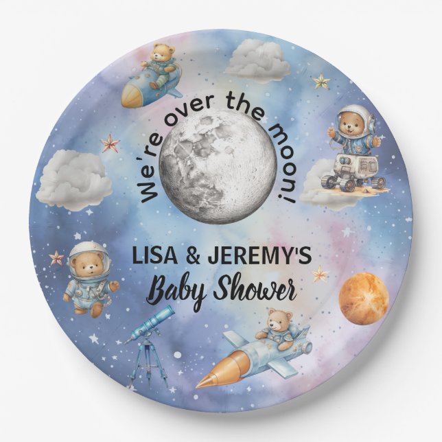 Prato De Papel Astronaut Teddy Bears in Space Baby Shower (Frente)