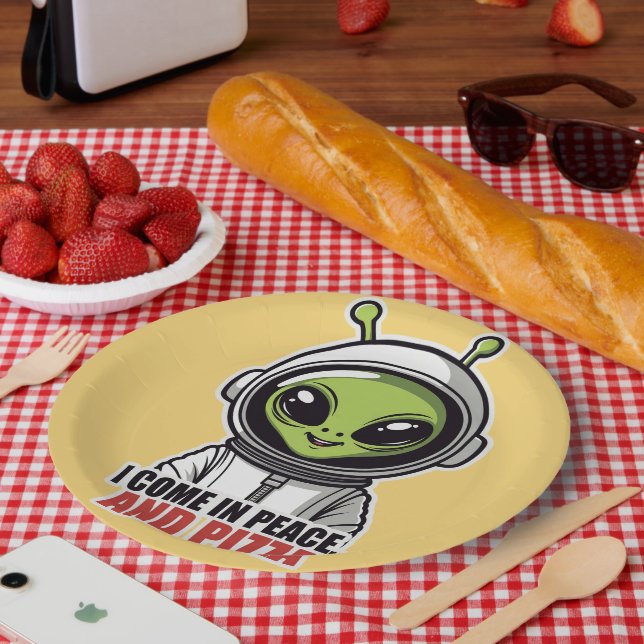 Prato De Papel Astronauta Alien Fofo "Venho em Paz e Pizza"  (Piquenique)