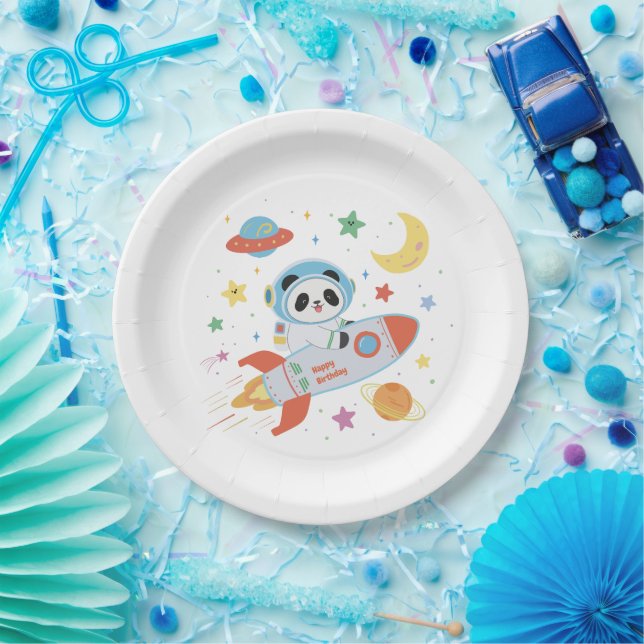 Prato De Papel Astronauta azul e laranja Panda (Festa)