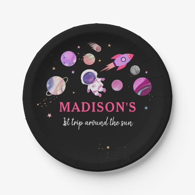 Prato De Papel Astronauta do Espaço Exterior Rosa Primeiro Aniver (Frente)