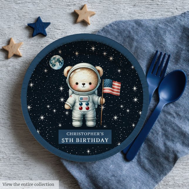 Prato De Papel Astronauta do Urso Retro de Teddy Primeira Festa d (Retro Teddy Bear Astronaut First Birthday Party Paper Plates )