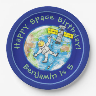 Prato De Papel Astronauta engraçado com desenho de satélite sobre