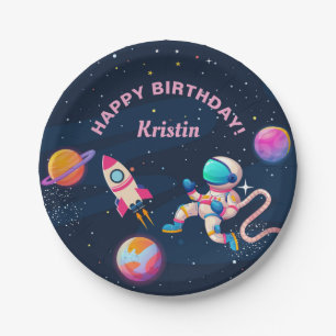 Prato De Papel Astronauta Rosa Foguete Espacial - Aniversário