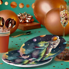 Prato De Papel Astronauta sobre Dino no Espaço