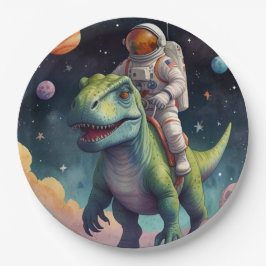 Prato De Papel Astronauta sobre Dino no Espaço