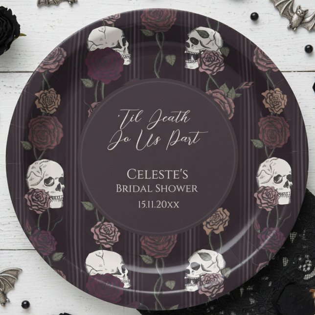 Prato De Papel ’Até que a Morte Nos Separe Crânio Gótico e Casame (Dark Burgundy Floral Skull 'Til Death Do Us Part Gothic Bridal Shower Paper Plates for Hallowedding)