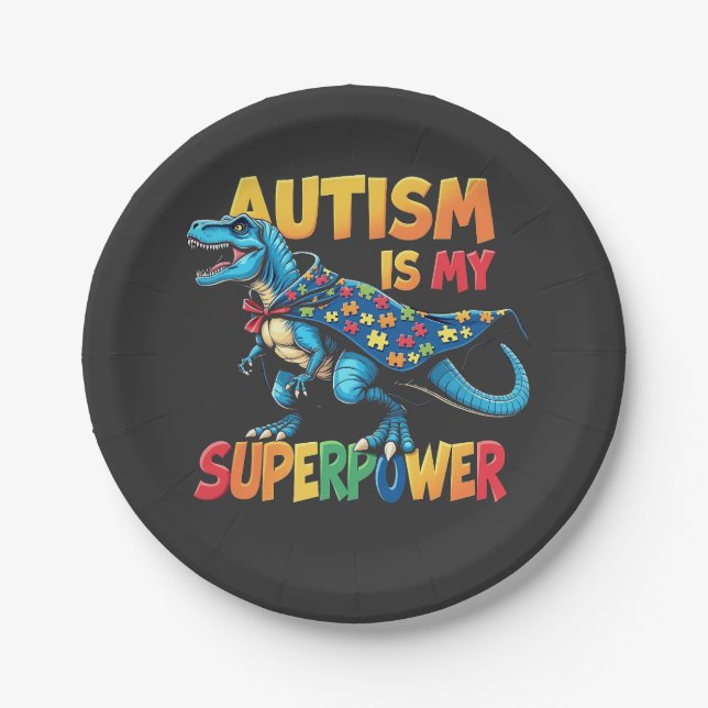 Prato De Papel Autismo É Meu Superpoder Dinossauro Autismo Consci (Frente)