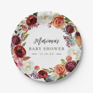 Prato De Papel Autumn Boho Blooms Personalizado Chá de fraldas