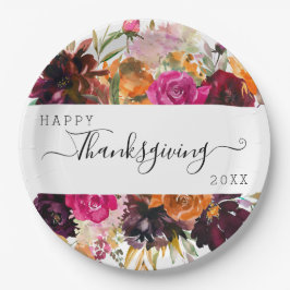 Prato De Papel Autumn Boho Watercolor Floral Ação de Graças