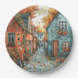 Prato De Papel Autumn Leaves Village Street Illustration