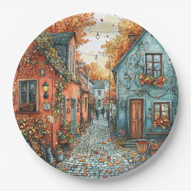 Prato De Papel Autumn Leaves Village Street Illustration (Frente)