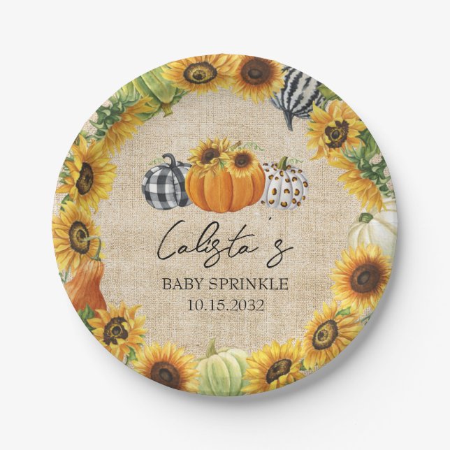 Prato De Papel Autumn Pumpkin Sunflower Burlap Baby Sprinkle (Frente)