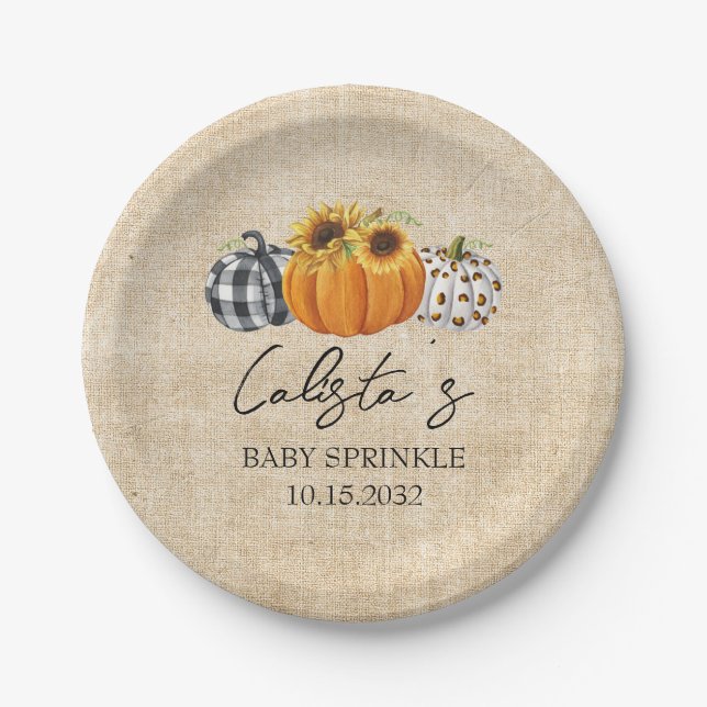 Prato De Papel Autumn Pumpkin Sunflower Burlap Baby Sprinkle (Frente)