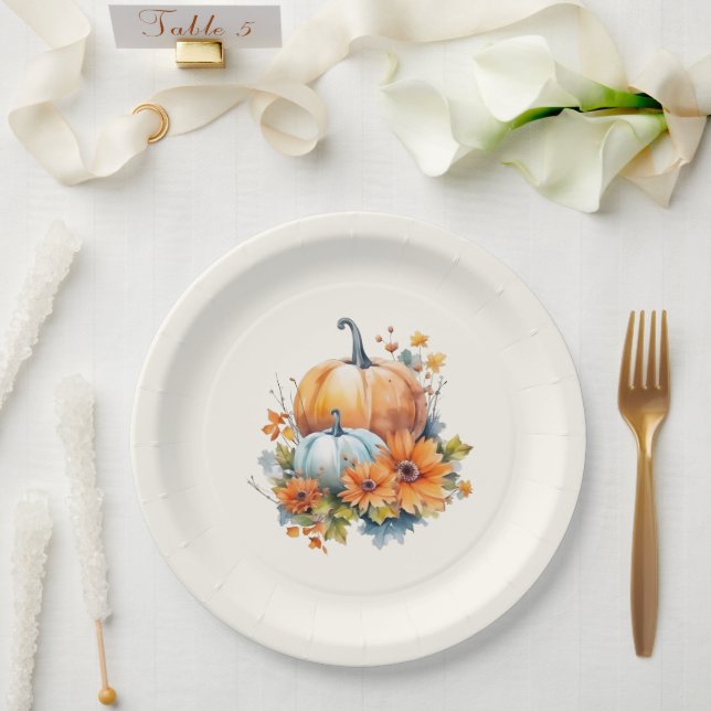 Prato De Papel Autumn Pumpkins com Flores e Folhagem (Casamento)