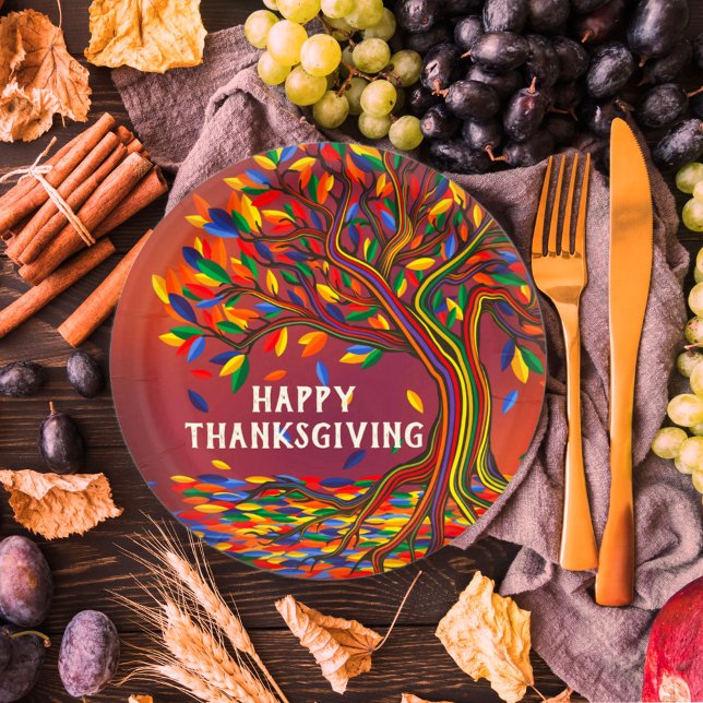 Prato De Papel Autumn Tree Personalizado Feliz Partido de Ação de (Criador carregado)