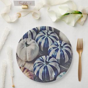 Prato De Papel Autumn Watercolor Blue e White Pumpkin Design
