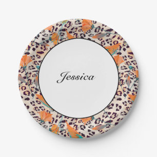 Prato De Papel Ave de Paraíso, pele-leopardo, Coral e turquesa