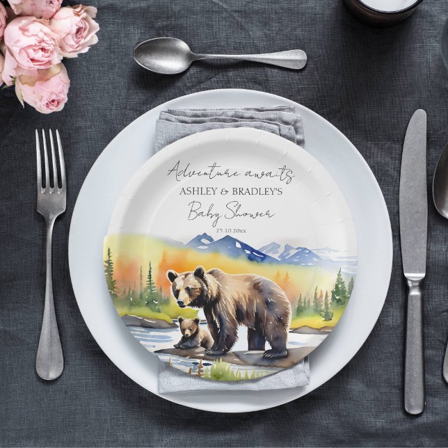 Prato De Papel Aventura aguarda um filhote de urso com a mãe chá  (Adventure awaits national parks themed baby shower tableware personalized plates cute mam bear cub)