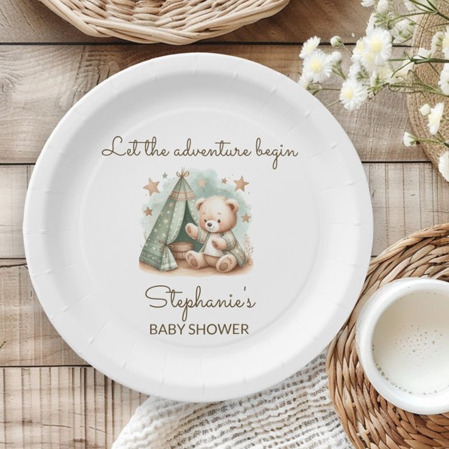 Prato De Papel Aventura chama Chá de fraldas do Urso de Teddy (Cute teddy bear "Let the Adventure Begin" baby shower paper plate)