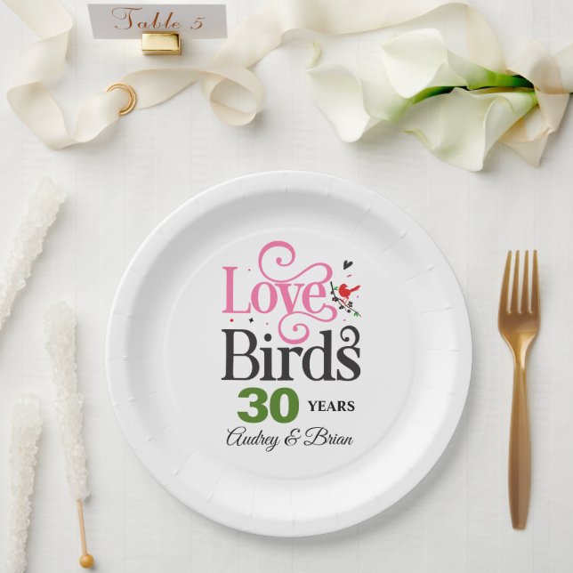 Prato De Papel Aves de Amar do 30 Anniversário Personalizadas (Casamento)