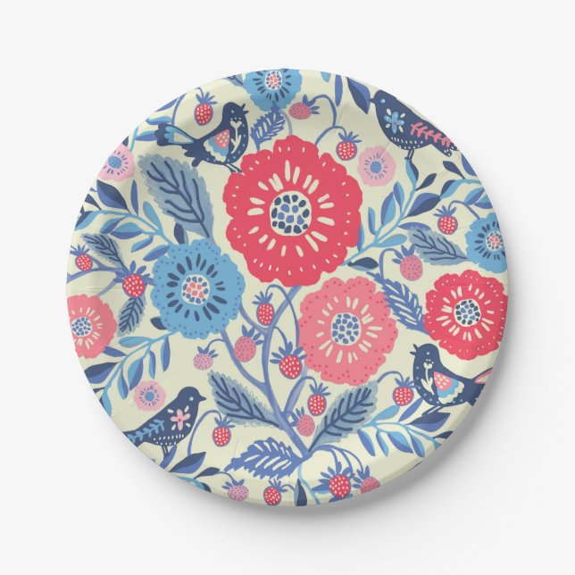 Prato De Papel Aves De Arte Folhosas Morangos E Flores (Frente)