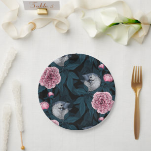Prato De Papel Aves e flores cor-de-rosa com folhas