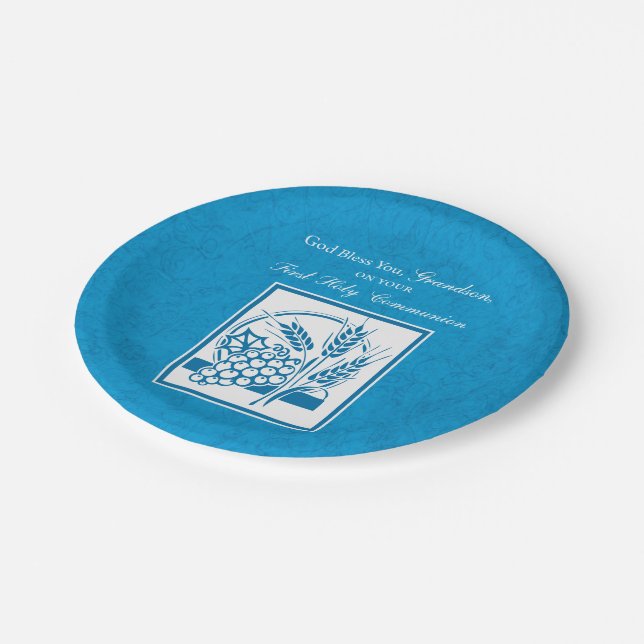 Prato De Papel Avô Primeiro Comunhão Azul, Trigo, Uvas (Inclinado)