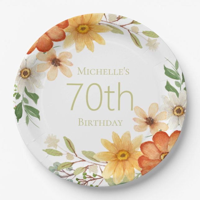 Prato De Papel Azeitona bonito Amarelo Amarelo 70 de Aniversário (Frente)