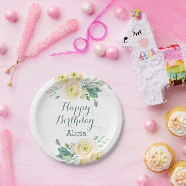 Prato De Papel Azeitona Branca Elegante Flora Greenery Aniversári (Festa)