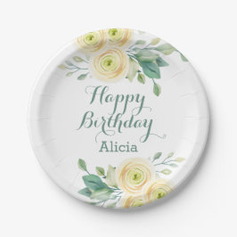 Prato De Papel Azeitona Branca Elegante Flora Greenery Aniversári