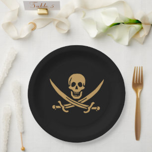 Prato De Papel Aztec Dourado Crânio e Cutlass Pirata Calico Jack