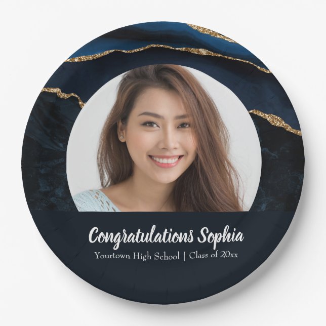 Prato De Papel Azul Agate de Foto de Graduação Personalizada (Frente)