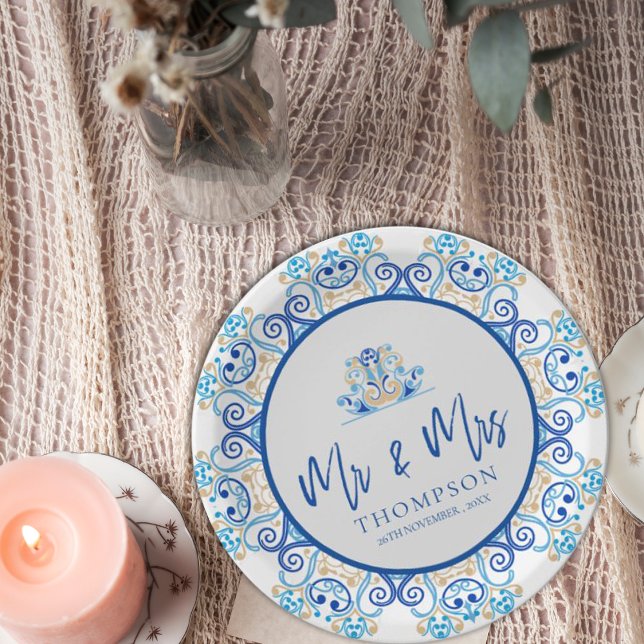 Prato De Papel Azul Amarelo Ornamental Sr. Festa de casamento (Blue Yellow Ornamental Mr Mrs Name Wedding Party Paper Plates)