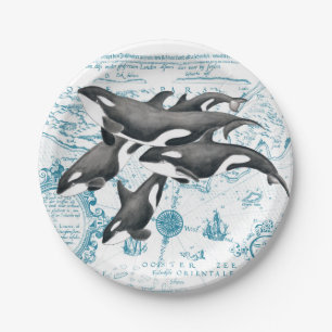 Prato De Papel Azul antigo das baleias da orca