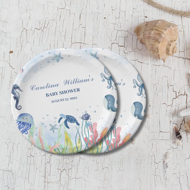 Prato De Papel Azul-aquarela Sob o chá de fraldas marinho (Criador carregado)