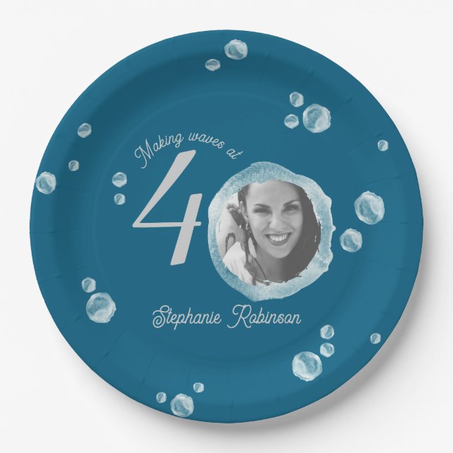Prato De Papel Azul Azul-Azul-aniversário de 40 anos (Frente)