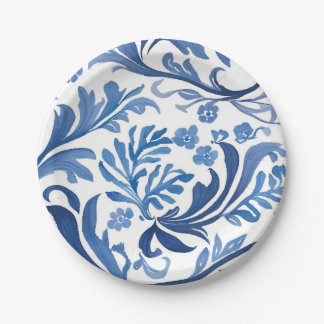 Prato De Papel Azul Branco Chinoiserie Floral Botânico